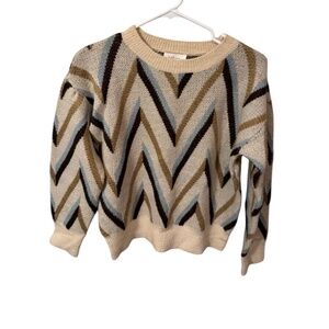 Bohme cozy cream knit sweater with blue, gold, and brown chevron print size S